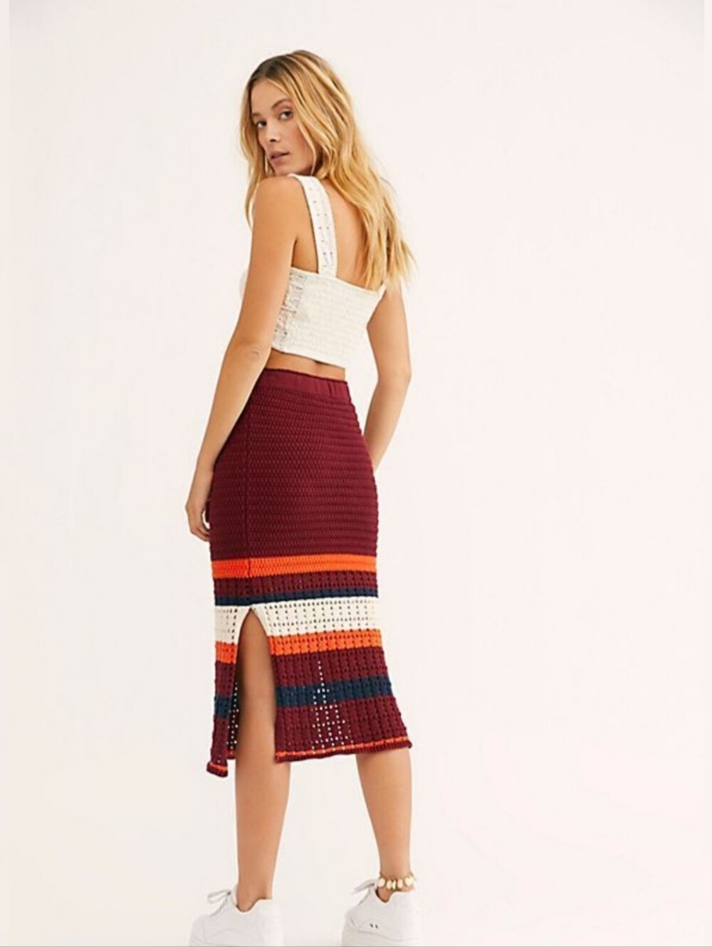 Free People Far From Here Burgundy Crochet Midi Skirt with Stripes Size‎ Medium